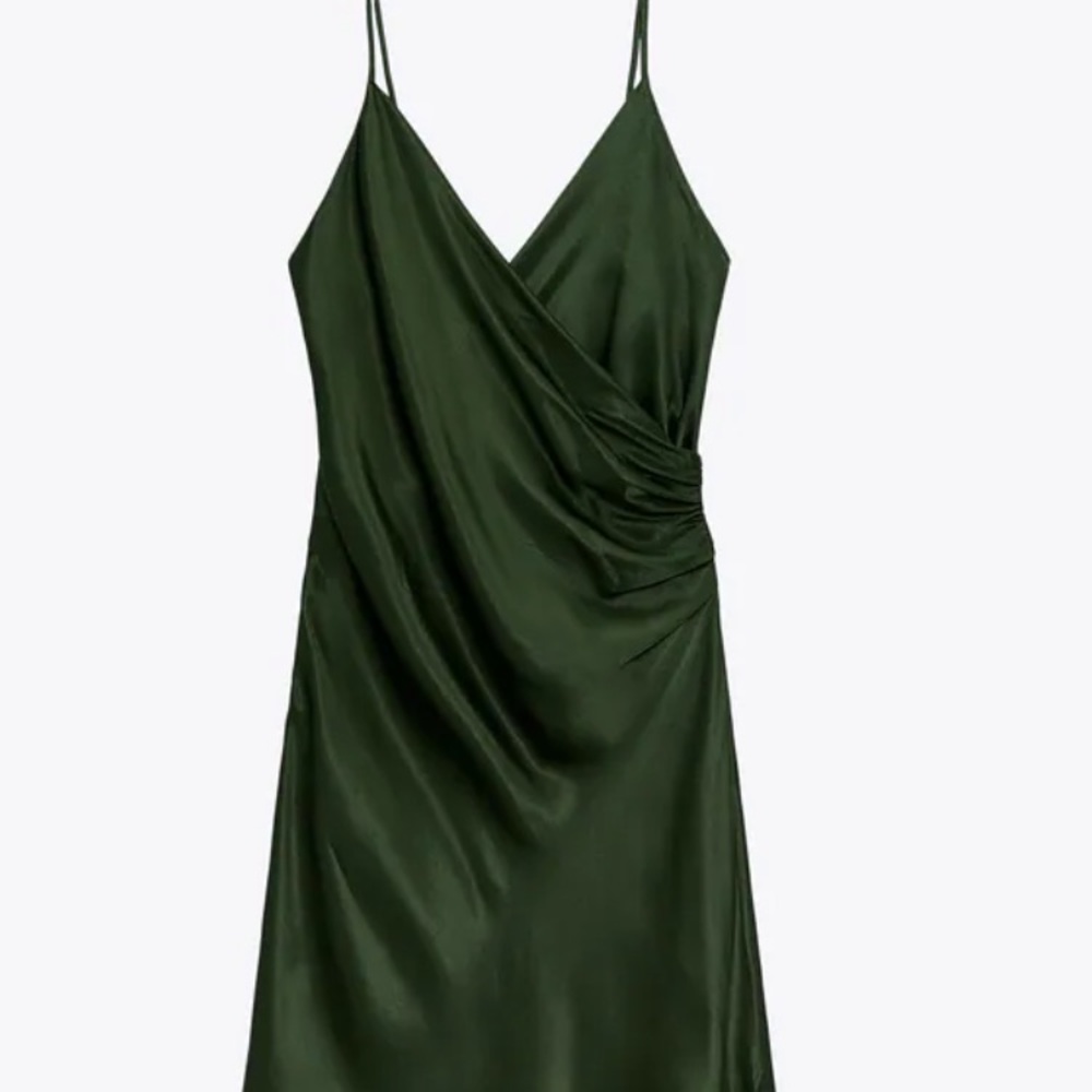 NWT dark green satin draped lingerie style dress